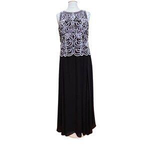 J Kara Black Formal Gown White Beaded Bodice Sleeveless Floor Length Scarf Sz 14
